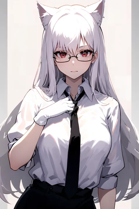 masterpiece, best quality, 1girl, white hair, white cat ears, collared shirt, nectie, adjusting necktie, white gloves, red eyes, glasses, <lora:Saya-adjusting necktie:0.9>