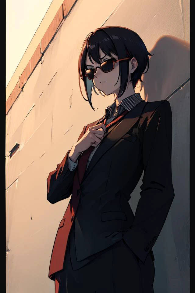 1girl,looking down, against wall,adjusting necktie,collared shirt, black suit,short hair,  <lora:Saya-adjusting necktie:1> ,outdoors, <lora:Saya-dark persona:1> dark persona, orange-tinted eyewear,