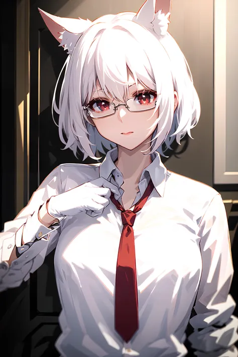 masterpiece, best quality, 1girl, white hair, short hair, white cat ears, collared shirt, nectie, adjusting necktie, white gloves, red eyes, glasses, <lora:Saya-adjusting necktie:0.9>