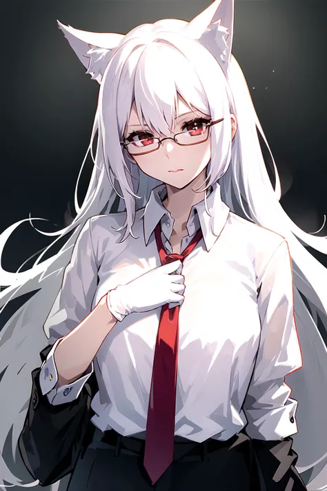 masterpiece, best quality, 1girl, white hair, white cat ears, collared shirt, nectie, adjusting necktie, white gloves, red eyes, glasses, suit, <lora:Saya-adjusting necktie:1>