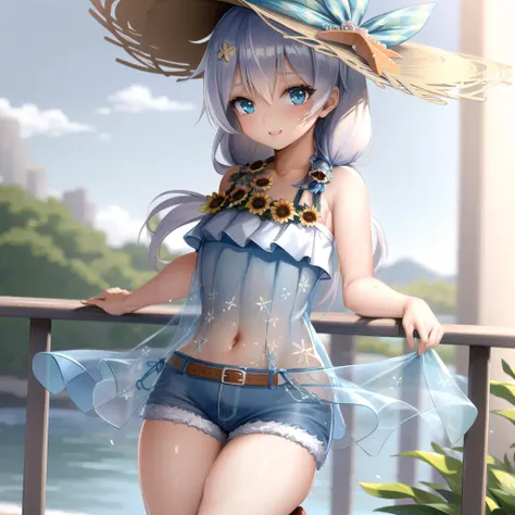 (masterpiece:1.2), (best quality:1.3), shallow_sunset, 1girl, blue_eyes, white_hair, straw_hat, swimsuit, dress, shorts, flower, starfish, <lora:theresa_swimsuit_v4:1>