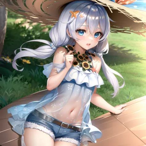(masterpiece:1.2), (best quality:1.3), shallow_sunset, 1girl, blue_eyes, white_hair, straw_hat, swimsuit, dress, shorts, flower, starfish, <lora:theresa_swimsuit_v4:0.9>