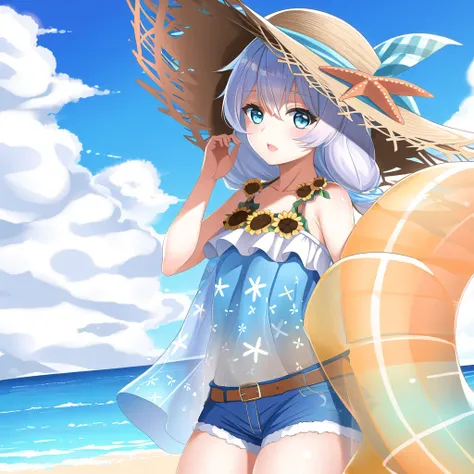 (masterpiece:1.2), (best quality:1.3), shallow_sunset, 1girl, blue_eyes, white_hair, straw_hat, swimsuit, dress, shorts, flower, starfish, <lora:theresa_swimsuit_v4:1>