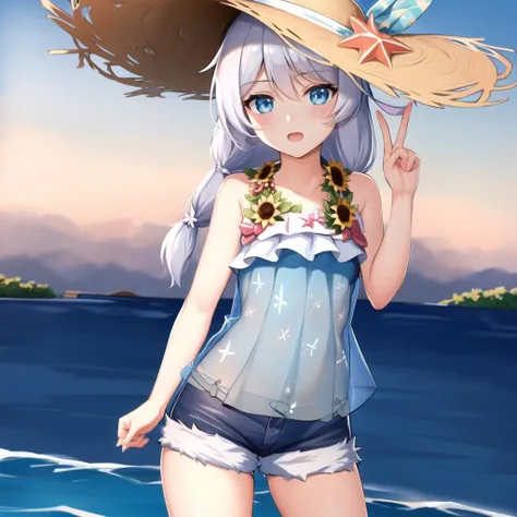 (masterpiece:1.2), (best quality:1.3), shallow_sunset, 1girl, standing, cowboy_shot, straw_hat, swimsuit, dress, shorts, flower, starfish, <lora:shallow_sunset_v4-025:1>