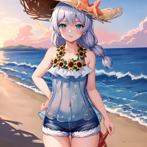 (masterpiece:1.2), (best quality:1.3), shallow_sunset, 1girl, standing, cowboy_shot, straw_hat, swimsuit, dress, shorts, flower, starfish, <lora:shallow_sunset_v4-025:1>