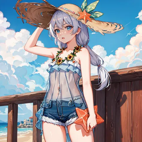 (masterpiece:1.2), (best quality:1.3), shallow_sunset, 1girl, standing, cowboy_shot, straw_hat, swimsuit, dress, shorts, flower, starfish, <lora:shallow_sunset_v4-025:1>