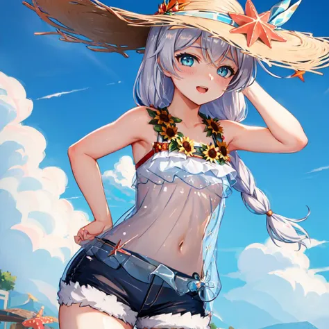 (masterpiece:1.2), (best quality:1.3), shallow_sunset, 1girl, standing, cowboy_shot, straw_hat, swimsuit, dress, shorts, flower, starfish, <lora:shallow_sunset_v4-025:1>