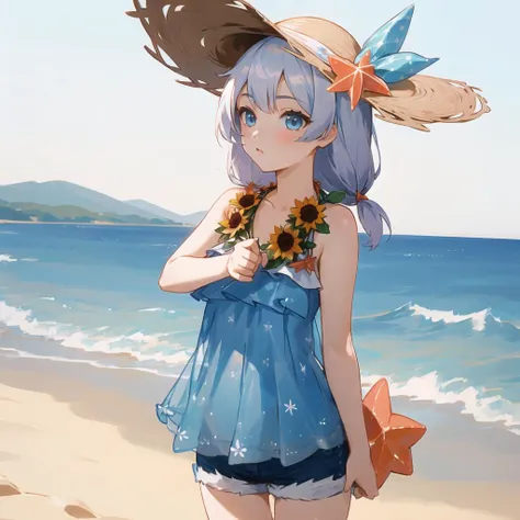 (masterpiece:1.2), (best quality:1.3), shallow_sunset, 1girl, standing, cowboy_shot, straw_hat, swimsuit, dress, shorts, flower, starfish, <lora:shallow_sunset_v4-025:1>