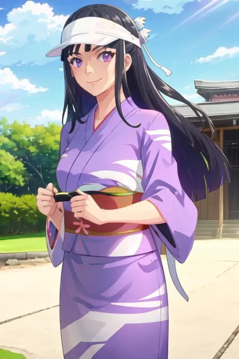 best quality, masterpiece, highres, solo, {yukata:1.40}, {kimono:1.20}, {amawashi_aoi_birdiewinggolfgirlsstory:1.15}, long_hair, black_hair, purple_eyes, smile, visor_cap, day, blue_hair