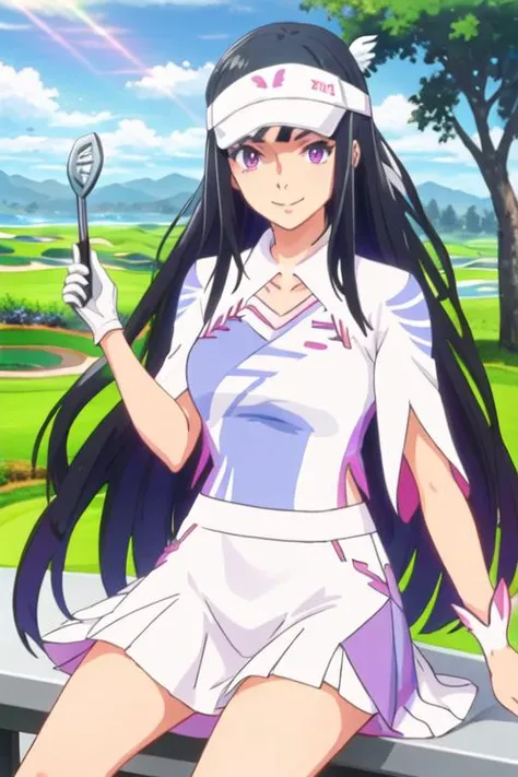 best quality, masterpiece, highres, solo, {amawashi_aoi_birdiewinggolfgirlsstory:1.15}, long_hair, black_hair, purple_eyes, smile, visor_cap, day, blue_hair