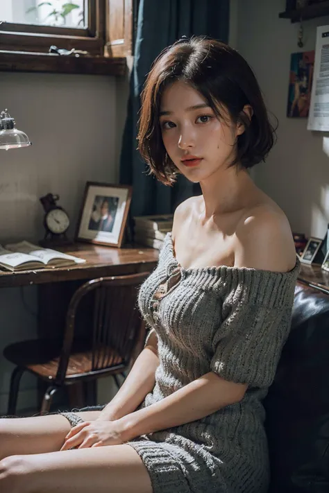 8K raw photo, Best quality, masterpiece, ultra high res, 1girl,sitting, sexy, medium breast, off shoulder,  hot pants, short dress, short hair,sunlight,indoor, study room, sofa, (depth of field:1.4,photorealistic:1.4),(detailed face, detailed skin, detailed skin texture)