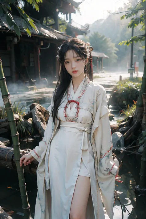 (photorealistic:1.4),8k,(masterpiece), best quality, highest quality, (detailed face:1.5),original,highres, unparalleled masterpiece, ultra realistic 8k, perfect artwork,((perfect female figure)), mature female, milf, narrow waist, skinny,detailed skin, 1girl,chinese clothes, hanfu,white dress, forest, (fog:1.2), cloud, standing, floating hair, floating clothes, bamboo forest, mountain, floating,sunlight, nature, nature light,bamboo raft,river, chinese white footwear, kahuka1,long dress, song style,song clothing,looking at viewer, no heals,, soft lighting, nature lighting, cinematic lighting, (rim lighting1.4) <lora:OC:0.2> <lora:LowRA:0.35> <lora:FilmVelvia2:0.6> <lora:hanfu29.1:0.6> hanfu,