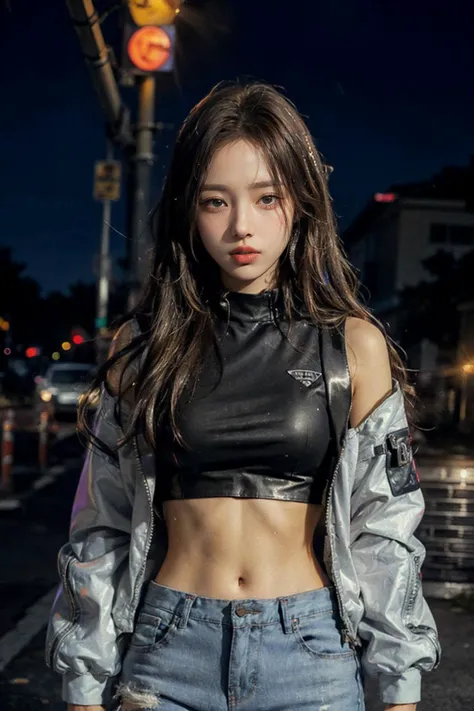 ((Best quality)), ((masterpiece)), (highly detailed:1.3),HDR (High Dynamic Range),Ray Tracing,Super-Resolution,Subsurface scattering,Post-processing,Anisotropic Filtering,,Two-tone lighting,White balance,Rule of thirds,8K RAW, (long hair, 1girl,solo, ,(open jacket), hip-hop pant, (detached sleeves), pouch, (multicolor hair),detailed beautiful shiny skin, cute, perfect skin, shiny skin, (midriff:1.2), (depressing), sweat, wet, ((night urban city,neon:1.4, cyberpunk)), science fiction, (golden wires), (narrow waist:1.4), looking at viewer, cinemetic lights, ((lens flare, bokeh:1.2, neon_lights)),(sharp focus) , colorful light, night, <lora:NeonNoir-000002:0.45> <lora:LowRA:0.35> <lora:add_detail:0.35>
