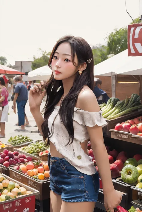 masterpiece, best quality, 1girl,detailed face,market stall,fruits,bare shoulders,hot pants,fruits,vegetable,market background,sunset,sharp_ligting <lora:Minji-01:1>