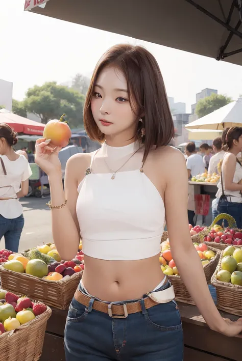 masterpiece, best quality, 1girl,detailed face,market stall,fruits,bare shoulders,hot pants,fruits,vegetable,market background,sunset,sharp_ligting <lora:NaKo-01:1>