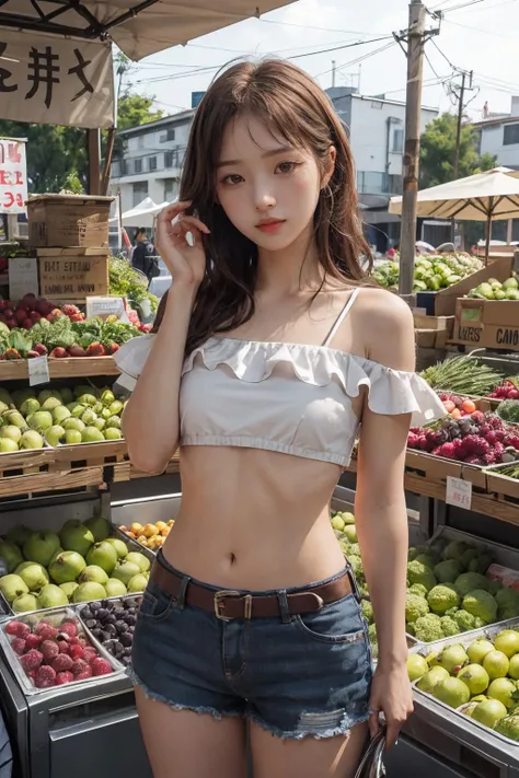 masterpiece, best quality, 1girl,detailed face,market stall,fruits,bare shoulders,hot pants,fruits,vegetable,market background,sunset,sharp_ligting <lora:add_detail:0.45> <lyco:ShinyOiledSkin_v20-LyCORIS:0.35>