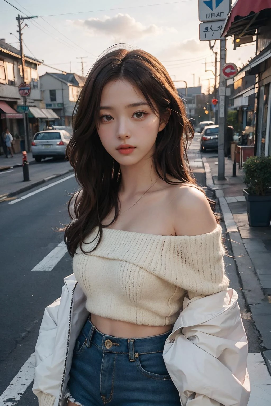 8K raw photo, Best quality, masterpiece, ultra high res, 1girl, off shoulder, hot pants,long hair, detailed face, street background, sunset , sharp_ligting, (photorealistic:1.2,realistic:1.2)