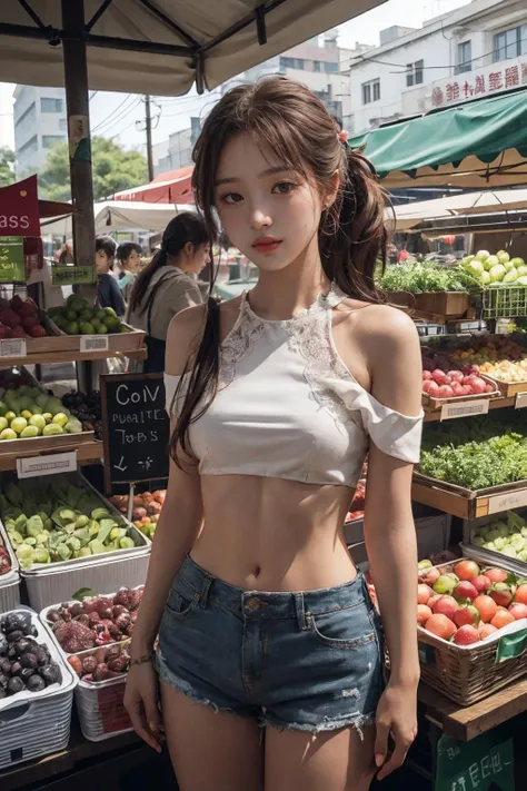 masterpiece, best quality, 1girl,detailed face,market stall,fruits,bare shoulders,hot pants,fruits,vegetable,market background,sunset,sharp_ligting <lora:add_detail:0.45> <lyco:ShinyOiledSkin_v20-LyCORIS:0.35>