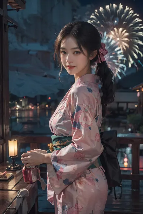 1girl wearing pink kimono, japanese clothes,((pink kimono, flowr print, looking viwer , from front)),  festival, yukata, traditional attire, hair ribbon, sandals, outdoors, cityscape, smiling, ((night, colourful firework background)), looking at viewer, lantern,  colourful fireworks in sky:1.6, summer, japanese culture, [cinematic lighting:0.8], [:realistic:1.3], scenery, japanese festival, city view, happy, joy, festive mood. (masterpiece), (best quality:1.2), absurdres, [:intricate details:0.2] <lora:LowRA:0.35>