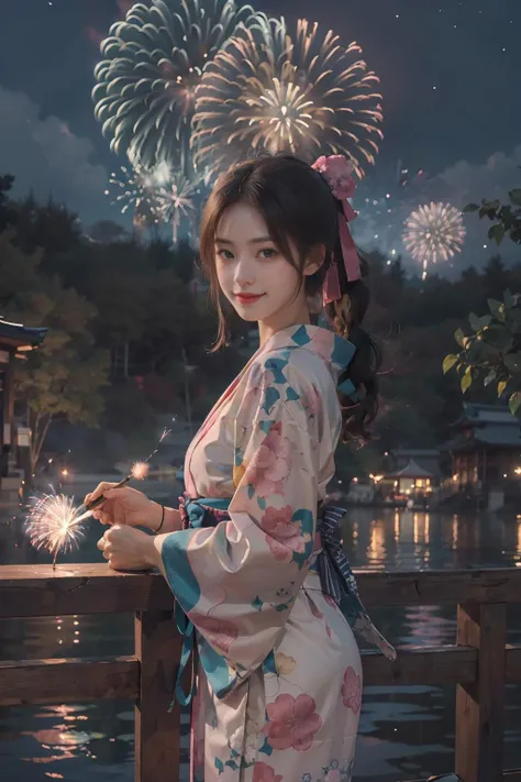 1girl wearing pink kimono, japanese clothes,((pink kimono, flowr print, looking viwer , from front)),  festival, yukata, traditional attire, hair ribbon, sandals, outdoors, cityscape, smiling, ((night, colourful firework background)), looking at viewer, lantern,  colourful fireworks in sky:1.6, summer, japanese culture, [cinematic lighting:0.8], [:realistic:1.3], scenery, japanese festival, city view, happy, joy, festive mood. (masterpiece), (best quality:1.2), absurdres, [:intricate details:0.2]