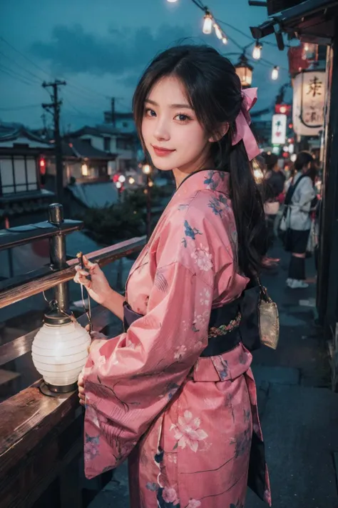 1girl, wearing pink kimono, japanese clothes,pink kimono, flowr print, looking viewer,close up,from_front:1.2,festival, yukata, traditional attire, hair ribbon, sandals, outdoors, cityscape, smiling,night, colourful firework background,lantern,  colourful fireworks in sky:1.6, summer, japanese culture, [cinematic lighting:0.8],realistic:1.3, scenery, japanese festival, city view, happy, joy, festive mood. (masterpiece), (best quality:1.2), absurdres, [:intricate details:0.2] <lora:LowRA:0.35> <lora:add_detail:0.45> <lora:InstantPhotoX3:0.35>