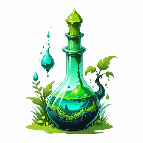 concept art <lora:FF_Potion_Generator:1> inventory item, Vector game art of an underpainting, Slimy Romanian (Game Asset Potion:1.3) , smooth, lush flora, Relieving, side lit, 50mm, [ (designed by John Lurie:1.3) | Alessandro Gottardo| (Victor Moscoso:0.8) ], on a white background . digital artwork, illustrative, painterly, matte painting, highly detailed