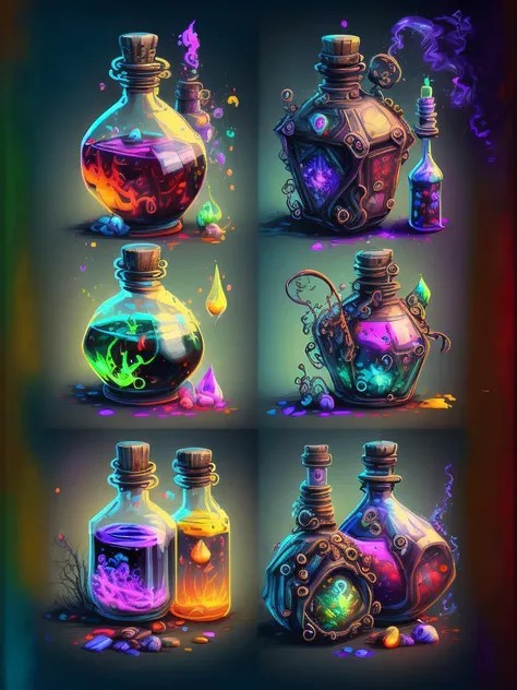 a set of four glass bottles with different colored liquids, painting of one health potion, game assets, potions, fantasy game spell icon, mobile game asset, stylized game art, glowing potions, image apothecary, game icon asset, magic potions, making a potion, world of warcraft spell icon, video game assets, magical potions