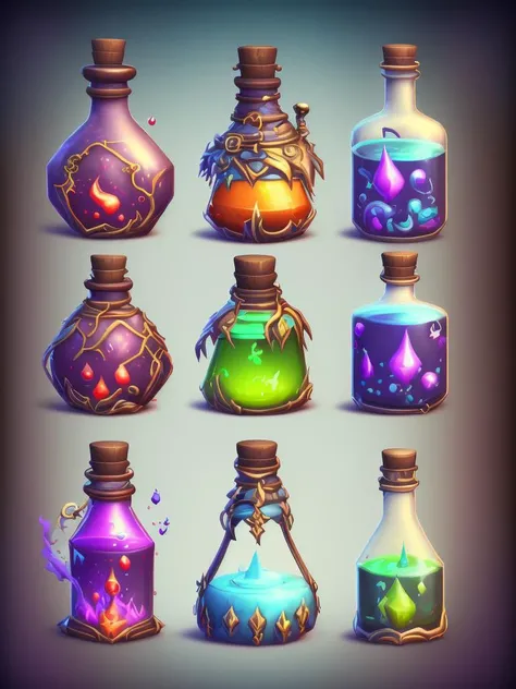a set of four glass bottles with different colored liquids, painting of one health potion, game assets, potions, fantasy game spell icon, mobile game asset, stylized game art, glowing potions, image apothecary, game icon asset, magic potions, making a potion, world of warcraft spell icon, video game assets, magical potions