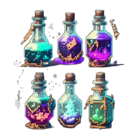 pixelart a group of three different colored glass bottles, painting of one health potion, potions, fantasy game spell icon, magical potions, magic potions, glowing potions, fantasy alchemist laboratory, world of warcraft spell icon, health potion, making a potion, mobile game asset, potion, game assets, 3 d icon for mobile game, hyper realistic poison bottle