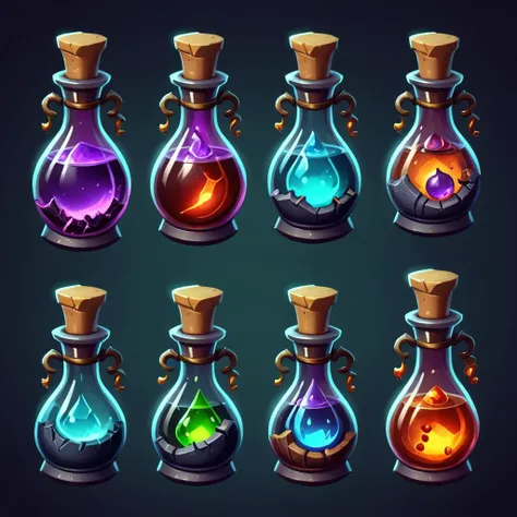 <lora:FF_Potion_Generator:1> a set of different colored bottles with different liquids inside, magic potions, alchemist bottles, magical potions, potions, magical items, potion, alchemy concept, stylized game art, game asset occult, glowing potions, potion belt, rpg game item, game asset, rpg game inventory item, object concept art, painting of one health potion, alchemical equipment