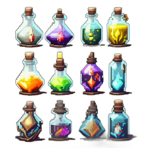 a set of four glass bottles with different colored liquids, painting of one health potion, game assets, potions, fantasy game spell icon, mobile game asset, stylized game art, glowing potions, image apothecary, game icon asset, magic potions, making a potion, world of warcraft spell icon, video game assets, magical potions
