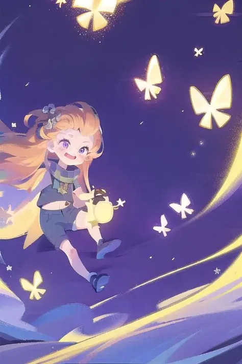 masterpiece, best quality, illustration,zhiyu,cure,
1girl, (disheveled hair),[orange hair:purple buttom hair:0.8],forehead,zoe,long hair,multicolored hair,blue and purple  eyes,
,bug, butterfly, cloud, flying, night, night_sky, sky, space, star_\(sky\), starry_sky,