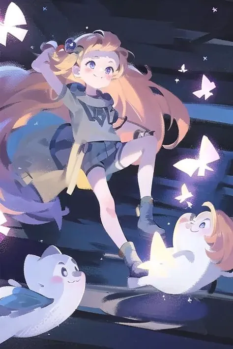 masterpiece, best quality, illustration,zhiyu,cure,
1girl, (disheveled hair),[orange hair:purple buttom hair:0.8],forehead,zoe,long hair,multicolored hair,blue and purple  eyes,
,bug, butterfly, cloud, flying, night, night_sky, sky, space, star_\(sky\), starry_sky,