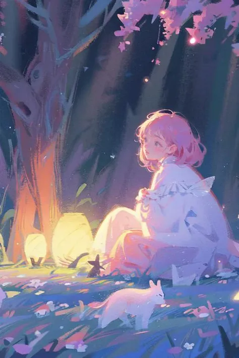 cure, zhiyu, <lora:cure v1:1>, 1girl, solo, stars, night, flowers, forest, fairy tale, masterpiece, best quality, top quality, ultra-detailed, professional illustration, animation, official art, beautiful and aesthetic, detailed background, hires