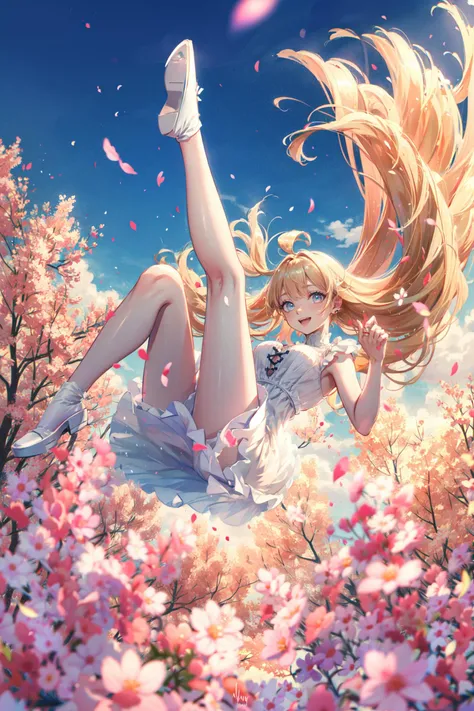 ((best quality, masterpiece, absurdres, super-resolution)) 1girl, (wind blowing hair), hair flying, blonde long hair, big smile, hand on hair, (windy), strong wind, white dress, zb spring <lora:springreal:0.6> , zhiyu, <lora:cure v1:0.1> ,falling, legs up <lora:falling-wasabiya:0.9>, colorful <lora:Fantasy scenery:0.1>