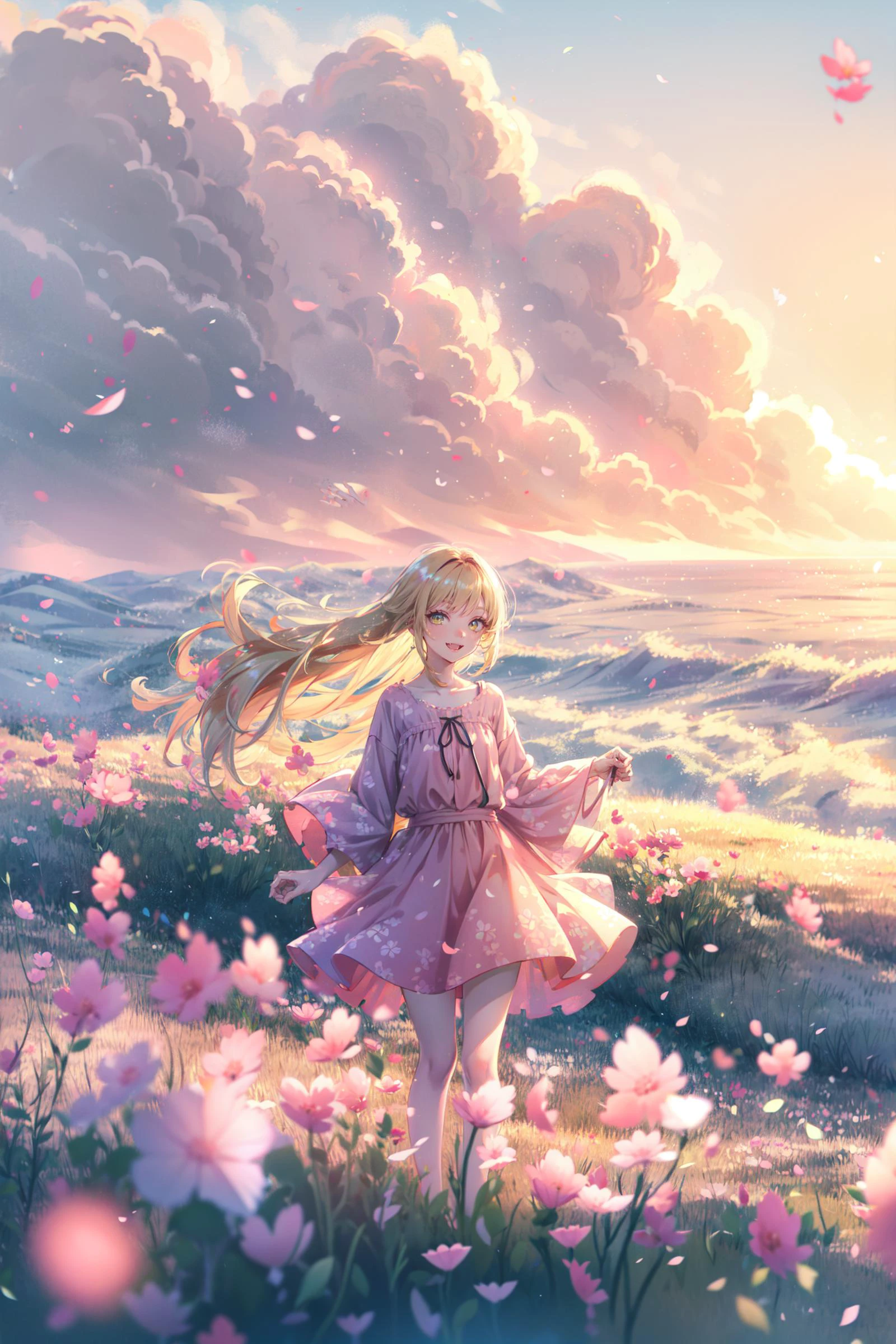 ((best quality, masterpiece, absurdres, super-resolution)) 1girl, (wind blowing hair), hair flying, blonde long hair, big smile, hand on hair, (windy), strong wind, pink dress, zb spring <lora:springreal:0.6> , zhiyu, <lora:cure v1:0.2>, windy scenery, colorful <lora:Fantasy scenery:0.1>