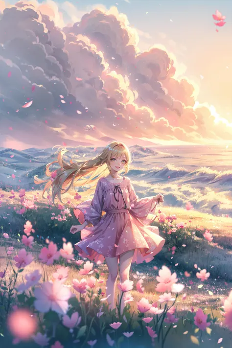 ((best quality, masterpiece, absurdres, super-resolution)) 1girl, (wind blowing hair), hair flying, blonde long hair, big smile, hand on hair, (windy), strong wind, pink dress, zb spring <lora:springreal:0.6> , zhiyu, <lora:cure v1:0.2>, windy scenery, colorful <lora:Fantasy scenery:0.1>