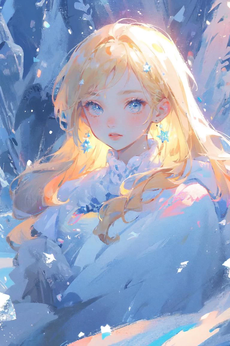 (masterpiece, best quality, beautiful and aesthetic:1.3), cure, zhiyu, <lora:cure illustration - æ²»æç³»æç»:1>, portrait, upper body, 1girl, solo, blonde hair, very long hair, crystal, ice, winter, stars, glitters, light of particles, snowflakes, snow, professional illustration, ultra-detailed, animation, official art, hires