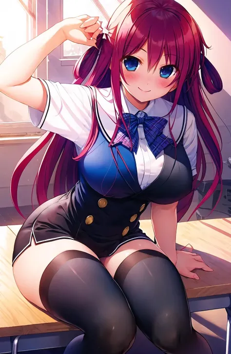 masterpierce, 1girl,solo,wide hips,thick thighs,dynamic pose,smile,black thighhighs,(blush:1.3),indoors,sitting,school classroom, school uniform, extremely detailed eyes,  <lora:suou_amane_768_sd15_AnyLora-000036-resized:1>
