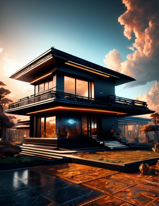 ((best quality)), ((masterpiece)), ((realistic,digital art)), (hyper detailed),DonMCyb3rN3cr0XL villa, octane rendering, raytracing, volumetric lighting, Backlit,Rim Lighting, 8K, HDR, <lora:CyberNecroTechSD1.5-000006:0.8>