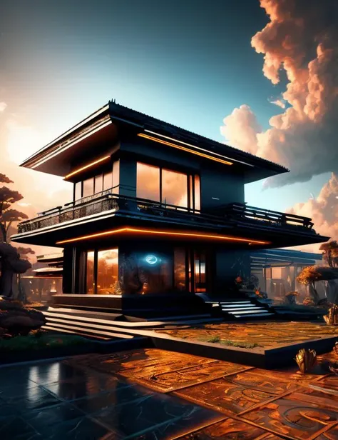 ((best quality)), ((masterpiece)), ((realistic,digital art)), (hyper detailed),DonMCyb3rN3cr0XL  villa, octane rendering, raytracing, volumetric lighting, Backlit,Rim Lighting, 8K, HDR,   <lora:CyberNecroTechSD1.5-000006:0.8>