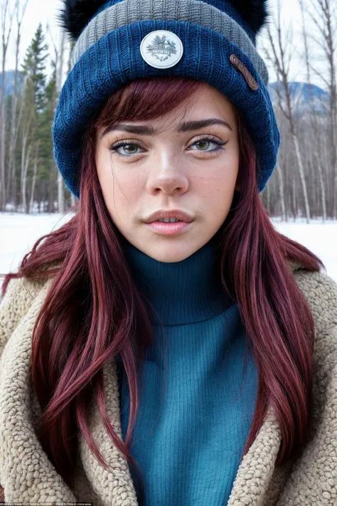 SabinaRouge <lora:SabinaRouge_v1.3:1>
<lora:epiNoiseoffset_v2:1>
(close shot:1.2), (headshot, portrait:1.5) by Chuck Close, 1girl, solo, rule of thirds, perfect compostion, detailed hair and face, detailed eyes, pupils
perfect face, detailed nose, cheeks, (lips:1.2), ears,
Amid the snowy landscapes of Banff National Park, the model stays cozy and stylish in a chunky knit sweater, skinny jeans, and knee-high boots. With a faux fur-trimmed jacket and a beanie, she embodies winter fashion for Instagram followers in colder climates.
highly detailed, natural lighting, <lora:add_detail:1>