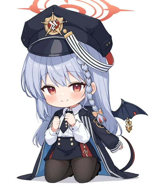 haruna \(blue archive\),1girl, food, solo, halo, white_shirt, black_jacket, shaded_face, long_sleeves, black_headwear, black_skirt, collared_shirt, chibi, white_background, closed_mouth, jacket_on_shoulders, hungry, saliva, thought_bubble, black_pantyhose, demon_wings, black_necktie, simple_background, smile, blush, black_wings, peaked_cap, hair_bow, mouth_drool, puffy_sleeves, single_braid
<lora:haruna_(blue_archive)_image1762_2023-11-26:1>halo. gorgeous,key visual, vibrant, studio anime,award-winning, professional, highly detailed,high budget, cinemascope