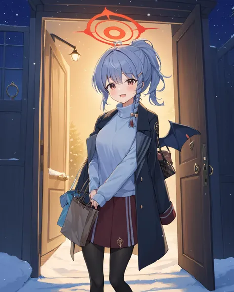 haruna \(blue archive\),1girl, halo, red_skirt, solo, snowing, wings, looking_at_viewer, coat, door, turtleneck, holding_bag, open_door, building, alternate_costume, black_pantyhose, snow, white_sweater, opening_door, feet_out_of_frame, breath, shopping_bag, open_mouth, outdoors, handbag, alternate_hairstyle, side_braid, ponytail, pleated_skirt, night_sky, :d, shirt, jacket, long_sleeves
<lora:haruna_(blue_archive)_image1762_2023-11-26:1>halo. gorgeous,key visual, vibrant, studio anime,award-winning, professional, highly detailed,high budget, cinemascope