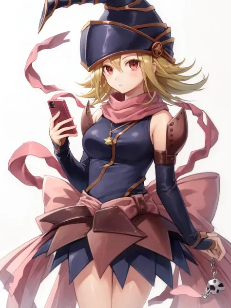 <lora:Gagaga_Girl-10:1>, gagaga girl, 1girl, solo, breasts, short hair, hat, bare shoulders, detached sleeves, scarf, phone, cellphone, skull, duel monster, charm (object), wizard hat, keychain, cellphone charm