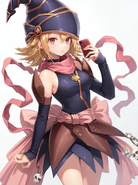 <lora:Gagaga_Girl-10:1>, gagaga girl, 1girl, solo, breasts, short hair, hat, bare shoulders, detached sleeves, scarf, phone, cellphone, skull, duel monster, charm (object), wizard hat, keychain, cellphone charm