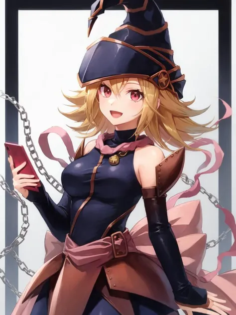 <lora:Gagaga_Girl-10:0.9>, gagaga girl, 1girl, solo, long hair, breasts, smile, open mouth, hat, dress, holding, bare shoulders, detached sleeves, pink eyes, chain, phone, border, cellphone, smartphone, holding phone, skull, duel monster, wizard hat