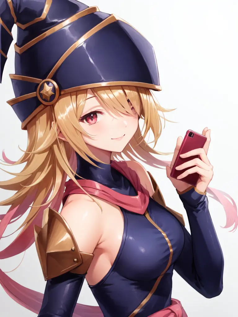 <lora:Gagaga_Girl-10:0.7>, gagaga girl, 1girl, solo, long hair, breasts, looking at viewer, smile, hat, bare shoulders, detached sleeves, hair over one eye, phone, cellphone, duel monster, wizard hat