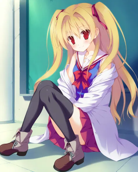 score_9, source_anime, <lora:irosekaclean-000064:1> nikaidou shinku, red eyes, blonde hair, long hair, two side up, red hair ribbon, hair intakes, small breasts, school uniform, labcoat, off shoulder, black thighhighs, ankle boots, BREAK school