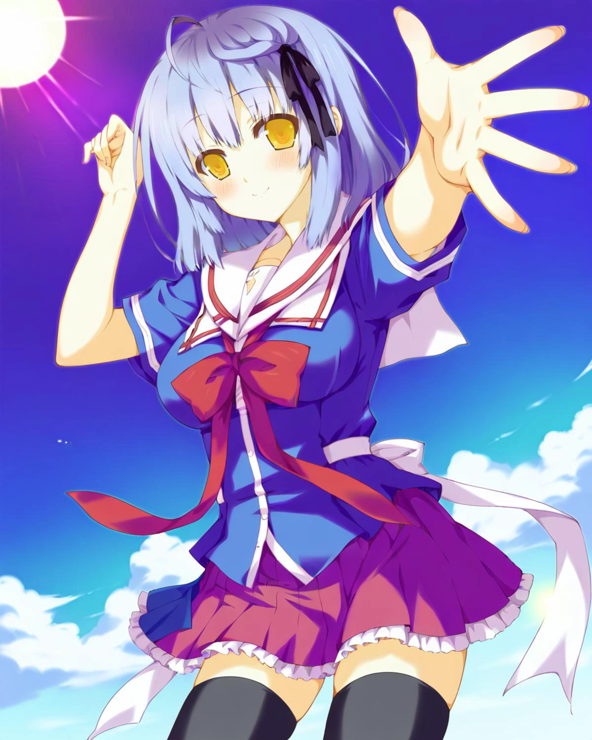 score_9, source_anime, <lora:irosekaclean-000064:1> shikishima kyou, yellow eyes, light purple hair, medium hair, ahoge, black hair ribbon, large breasts, school uniform, black thighhighs, solo, smile, blush, spread arms, BREAK school